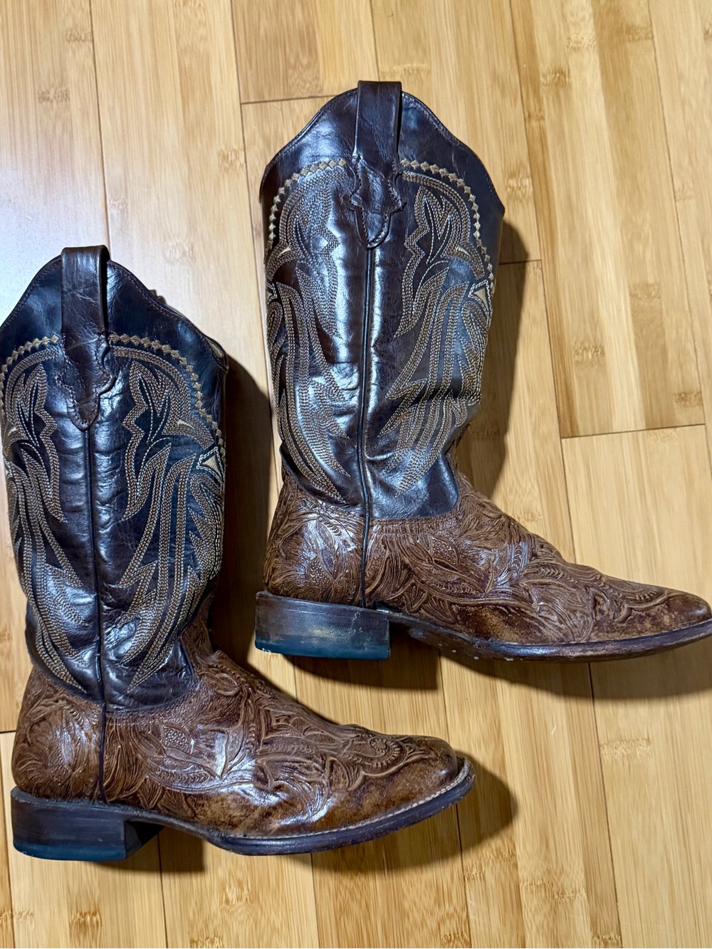 Roper Two-Tone Brown Embossed Leather Cowboy Boots